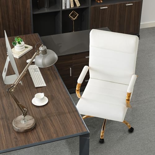 Office Desk Chair,Modern Leather Conference Room Chairs,High Back Home ofiice Chair,Adjustable Height Swivel Executive Computer Chair with Armrest and Padded Seat,White/Gold - color: White/Gold Frame