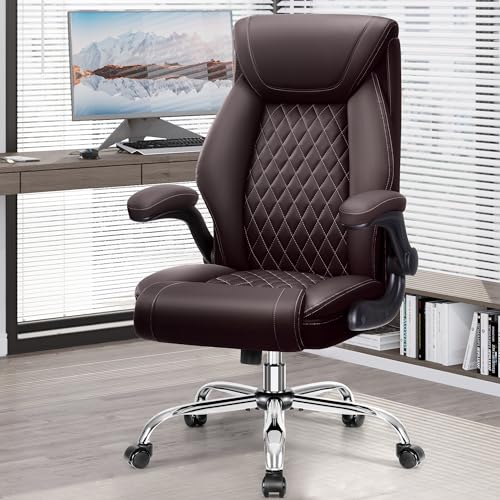 Office Chair, Ergonomic High Back Home Office Desk Chair, Big and Tall Breathable Leather Office Chair with Lumbar Support Flip-Up Armrests, Computer Gaming Chair with Rocking Function - color: Coffee, style: Without Footrest