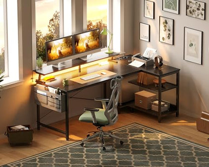 ODK 58 Inch L Shaped Gaming Desk with LED Lights, Power Outlets, Black - size: 58 Inch