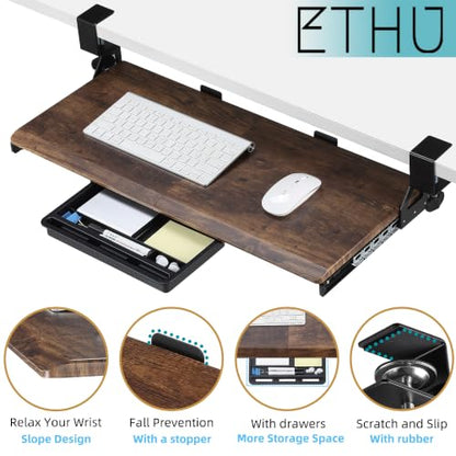 ETHU Keyboard Tray Under Desk with Metal Rail, 26.8x12.2", Walnut - color: Wood, size: 26.8"x12.2"