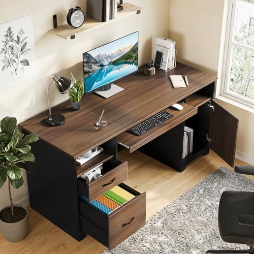 Bestier 59" Office Desk with File Drawer, Keyboard Tray & 2 Drawers, Cherry | File Drawer For Letter/A4/Legal Folders, 2 Storage Drawers, Keyboard Tray, Cable Management, 200 LBS Capacity, Cherry Finish - color: Cherry&black