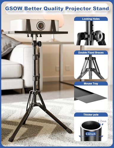 GSOW Projector Stand, Adjustable 26-56" Laptop Tripod with Carry Bag | sturdy foldable aluminum frame, anti-slip legs, holds 55lb, raised-edge tray, mouse tray, for office, home, stage, DJ