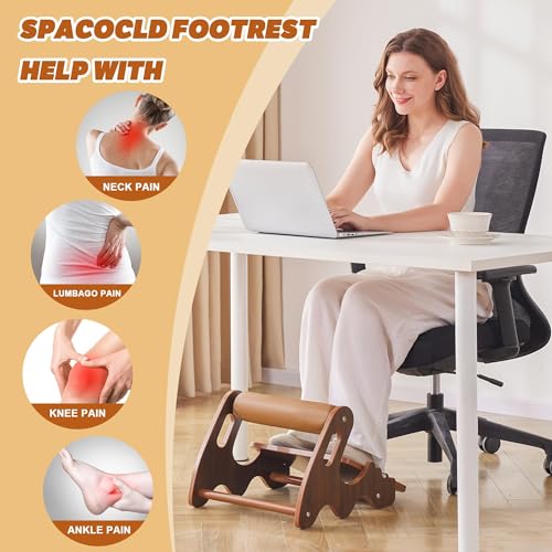 Spacocld Foot Rest for Under Desk at Work- Adjustable Rocking Foot Stool with 3 Height Positions and Soft Crossbar, Ergonomic Wooden Footrest with Anti-Slip Surface for Home, Office - color: Walnut