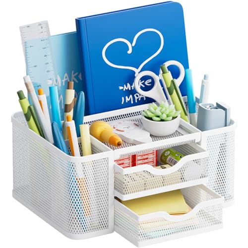 Marbrasse Mesh Desk Organizer, Pen Organizer with 2 Drawer, Multi-Functional Pencil Holder, Desk Organizers and Accessories with 5 Compartments + Drawer for Office Art Supplies (White) - color: White