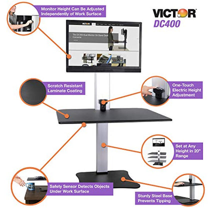 Victor High Rise Electric Sit-Stand Standing Desk Converter with Single Monitor Stand - Height Adjustable Office Desk Workstation for Home, 28" x 23" Work Surface, Black - size: Single Monitor