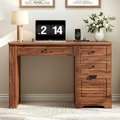 Ieejdn 47" Home Office Desks, Executive Desk, Farmhouse Computer Desk with Drawers and Charging Station, File Drawer, Storage Cabinet, Rustic Computer Writing Desk,Antique Brown - color: Brown, size: 47.24"