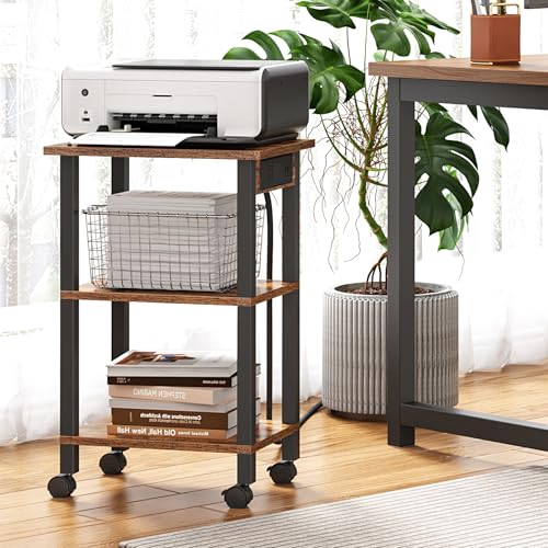 TUTOTAK Printer Stand, 3 Tier Rolling Printer Cart with Charging Station - color: Brown, size: 3 tier(15.7 x 11.8 x 23.6inchs)