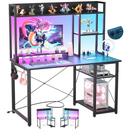 Cyclysio Gaming Desk with Hutch, 39'' Computer Desk with LED Lights & Power Outlets, Home Office Desk with Reversible 5 Tiers Storage Shelves & Monitor Stand, Small Gaming Table for Small Space, Black | Home Office Desk with LED Lights & Power Outlets, Co