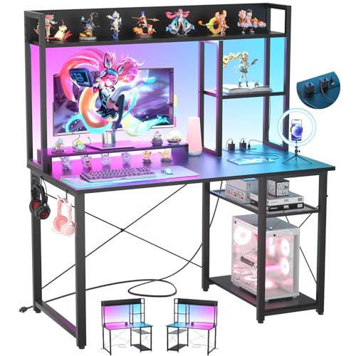 Cyclysio Gaming Desk with Hutch, 39'' Computer Desk with LED Lights & Power Outlets, Home Office Desk with Reversible 5 Tiers Storage Shelves & Monitor Stand, Small Gaming Table for Small Space, Black | Home Office Desk with LED Lights & Power Outlets, Co