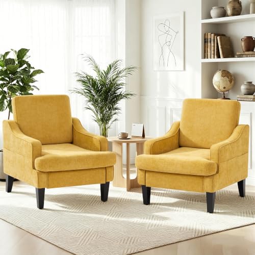 Set of 2 Accent Chair for Living Room,Mid-Century Arm Chair Chenille Fabric Living Room Chairs,Upholstered Reading Chair for Bedroom,Single Sofa Chair with Wood Legs for Apartment (Yellow) - color: Yellow