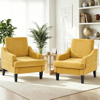 Set of 2 Accent Chair for Living Room,Mid-Century Arm Chair Chenille Fabric Living Room Chairs,Upholstered Reading Chair for Bedroom,Single Sofa Chair with Wood Legs for Apartment (Yellow) - color: Yellow
