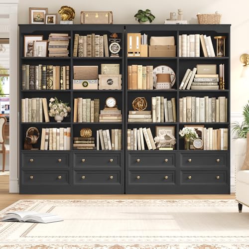 71" Tall Bookshelf with 4 Drawers Black Bookshelf Office Bookcase | 6-Tier Double Wide Bookshelves and Bookcases with Storage, Black Bookshelf Standing Book Cabinet for Home Office, Black - color: Black