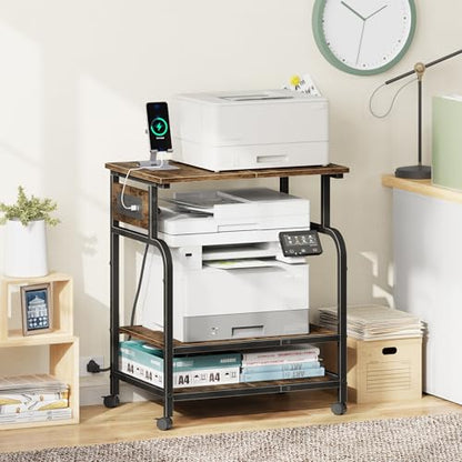 YAOHUOO 3 Tier Large Printer Stand with Power Outlet/Adjustable Shelf - color: Rustic Brown, size: 22"×15"