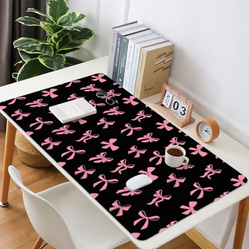 Cute Kawaii Pink Bow Black Extended Gaming Keyboard Mouse Pad | Non-slip Leather Home Office Desk Mat Protector - color: Pink Bow/Black, size: L(31.5×15.7 inch)