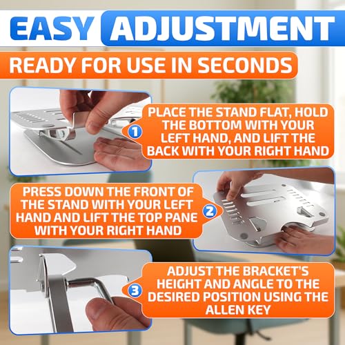 V TOWER Aluminium Laptop Stand for Desk with Adjustable Height and Angle | Adjustable Laptop Stands with Ventilation Slots, Anti-Slip Silicone Pads, Foldable Frame, for Devices from 10 up to 17.3 in