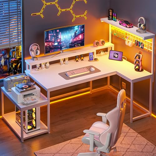 DurayLoly Gaming Desk with with Storage Shelves & Hooks for Home Office | Multi-Tier Shelves and Sturdy Utility Hooks; Arrange Gadgets and Hang Headsets to Tidy Bedroom & Workspace, White - color: White, size: 56inch