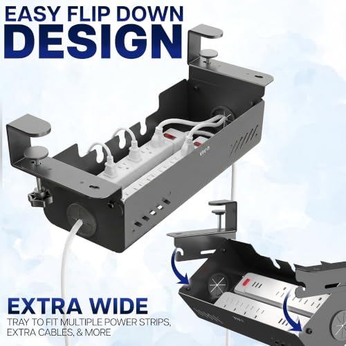 VIVO No Drill 19 inch Clamp-On Under Desk Cable Management Box with Flip-Open Lid, Easy-to-Open Steel Cord and Power Strip Organizer, Cable Organizer Tray, 11 lbs Capacity, Black, DESK-ACMB20-C