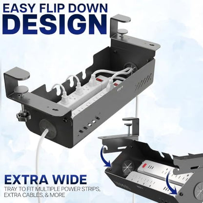 VIVO No Drill 19 inch Clamp-On Under Desk Cable Management Box with Flip-Open Lid, Easy-to-Open Steel Cord and Power Strip Organizer, Cable Organizer Tray, 11 lbs Capacity, Black, DESK-ACMB20-C