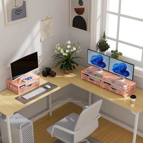 Computer Monitor Stand Riser with Drawer - color: Rose Gold