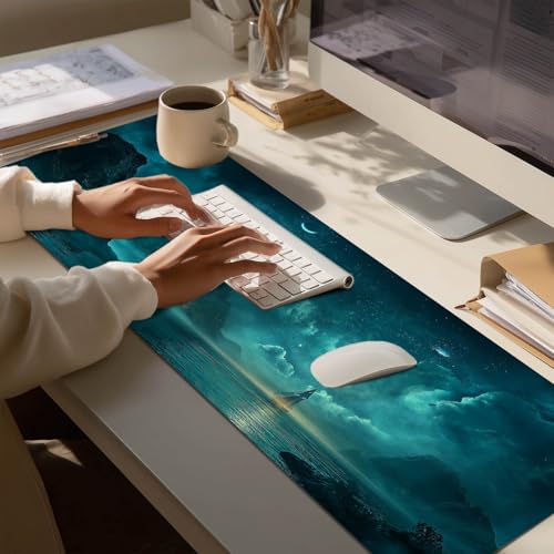 HOMETITUTE Large Mouse Pad 31.5x11.8 Inch Gaming Mousepad Teal Moon Night Seascape Art Non-Slip Keyboard Desktop Protector Mat XL Mouse Pad for Home Office Laptop Wireless Mice Accessories - color: Teal Moon Night Seascape Art