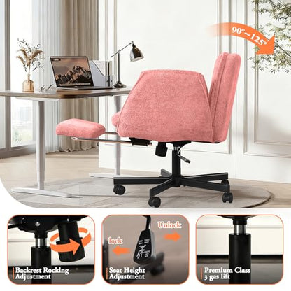 Criss Cross Chair with Footrest & 5 Level Folding Arms Full Relaxation, Wide Cross Legged Office Chair for Home Office, Comfy Swivel Desk Chair with Ottoman, Chenille Vanity Chair (Pink) - color: Pink, style: With Footrest