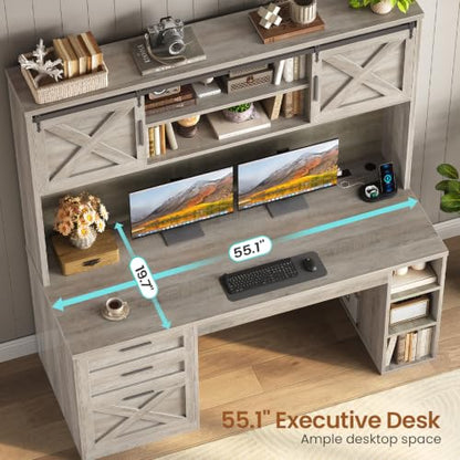 SEDETA 55.1" Farmhouse Desk with Hutch & 3 Storage Drawers - color: Grey, size: Desk with Hutch (55")