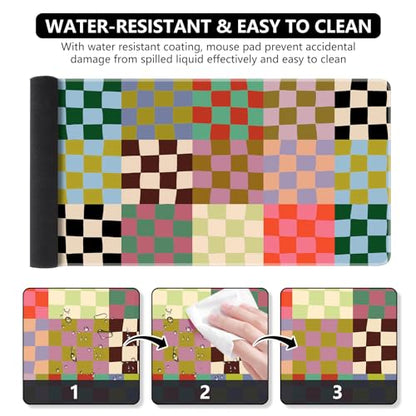 iCasso Desk Mat,Cute Desk Cover for Women,35.4x15.7in,Checkered | Computer Mat for Home Office,Non-Slip Mousepad with Stitched Edges,Retro Keyboard Mat,Smooth Water-Resistant - color: A-Retro Checkered