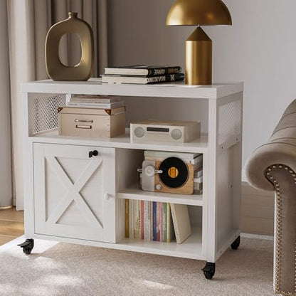 FUSUNBAO Farmhouse Printer Stand with Storage, Rolling Printer Cabinet with Shelves, Charge Station, Wheels, and File Cabinet for Home Office Storage (White) - color: White