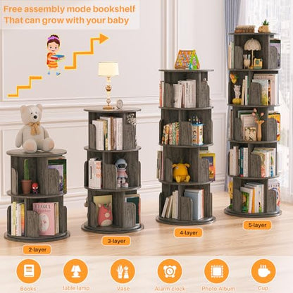 Aheaplus 5 Tier Wood Rotating Bookshelf, 360° Spinning Book Shelf Tower - color: Black Oak, size: 5-Tier
