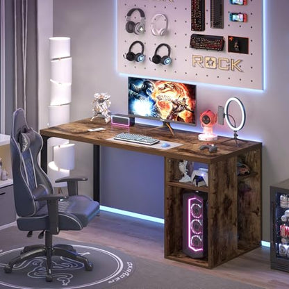 EXCEFUR Computer Desk for Home Office, Modern Writing Desk with Reversible Storage Shelves, Wood and Metal Gaming Study Table Workstations, 53 Inch, Rustic Brown - color: Brown