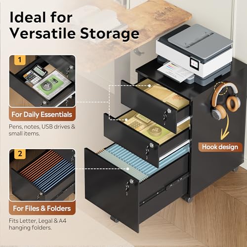 DEVAISE 3 Drawer Wood File Cabinet with Individual Locks, Black - color: Black