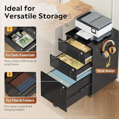 DEVAISE 3 Drawer Wood File Cabinet with Individual Locks, Black - color: Black