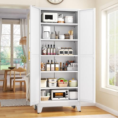 GAIOUS 75.2" Tall Metal Kitchen Pantry Storage Cabinets with 2 Door and 5 Adjustable Shelves, Cupboard for Kitchen, Dining Room, Living Room and Bathroom, White - color: White, size: 15.7"D x 31.5"W x 75.2"H