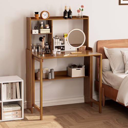 Folding Desk for Small Spaces, Bamboo Foldable Desk with Bookshelf, Brown - color: Brown, size: 47.24"H x 21.65"D x 32.28"W