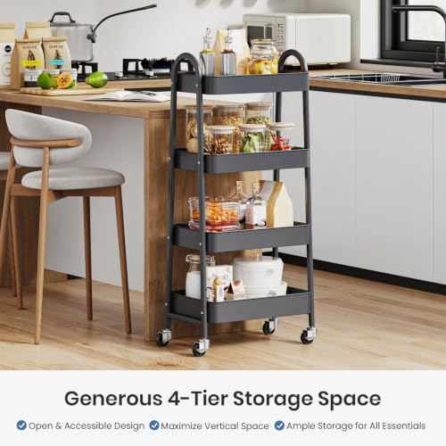 DUMOS 4 Tiers Rolling Utility Cart, Storage Organizer, Shelving Unit | Metal, Lockable Wheels, Mobile, Kitchen, Bathroom, Laundry, Narrow Places, Gray - color: 4-tier Deep Gray