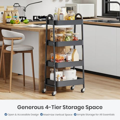 DUMOS 4 Tiers Rolling Utility Cart, Storage Organizer, Shelving Unit | Metal, Lockable Wheels, Mobile, Kitchen, Bathroom, Laundry, Narrow Places, Gray - color: 4-tier Deep Gray