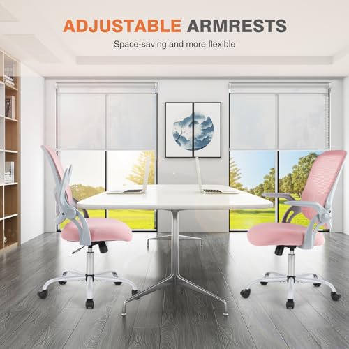 Sweetcrispy Home Office Chair, Mesh Office Chair, Lumbar Support, Pink - color: Pink, size: 18.5"D&Flip-up Arms-Plus