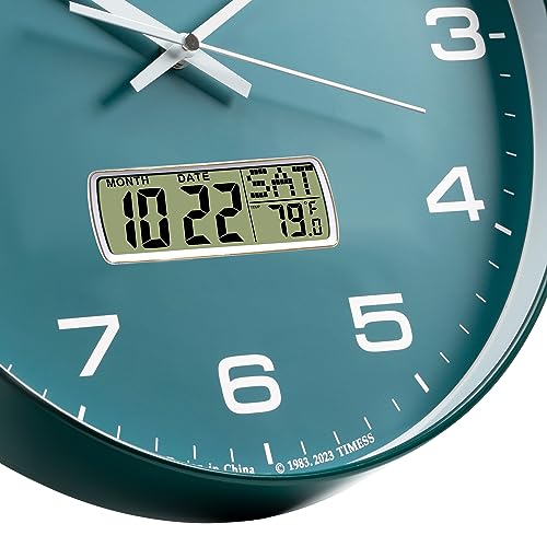 Wall Clock, 14" Large Dial Non-Ticking Silent Battery Operated Analog with LCD Display for Perpetual Calendar and F° Temperature, Ideal Modern Home, Bedroom, Kitchen, Office Decor(Green) | Perpetual calendar, Fahrenheit temperature, easy-to-read analog di