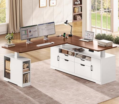 SEDETA Modern L Shaped Executive Electric Standing Desk with 4 Drawers | 69" x 55" Height Adjustable Office Desk with Storage Shelves, Power Outlet, Sit Stand Computer Desk, White and Brown - color: Modern White + Brown