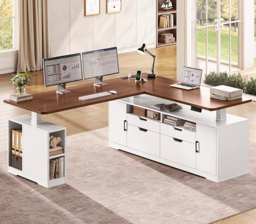 SEDETA Modern L Shaped Executive Electric Standing Desk with 4 Drawers | 69" x 55" Height Adjustable Office Desk with Storage Shelves, Power Outlet, Sit Stand Computer Desk, White and Brown - color: Modern White + Brown
