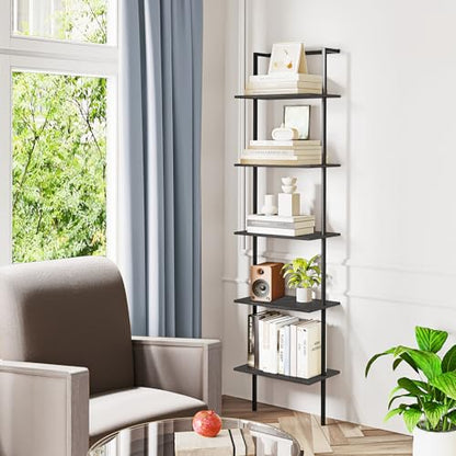 5-Tier Wall Mounted Ladder Shelf, Black, 64.7" H - color: Black, size: 5 Tier