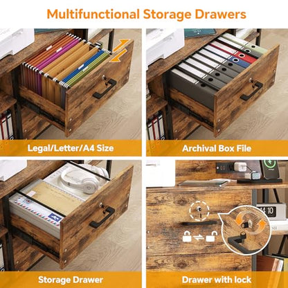 Office File Cabinet, 2 Drawer File Cabinets with Lock, Filing Cabinet with Power Outlets, Adjustable Shelves, Rolling Storage Cabinets for Home Office, Vintage