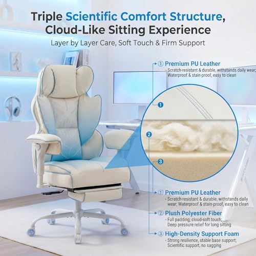 Comfy Office Desk Chair, White‑Blue Aesthetic Chair with Footrest - color: White/Blue