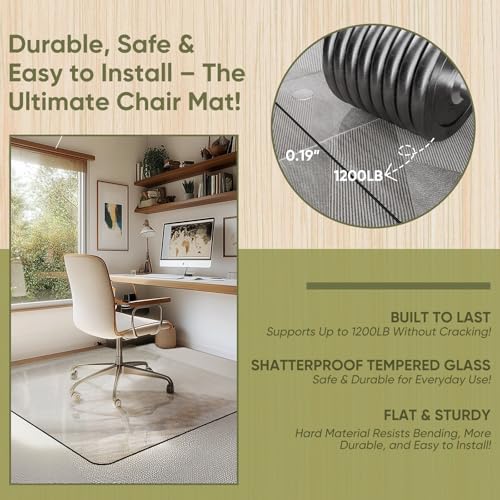 Office Chair Mat for Carpet & Hardwood, Upgraded 45" x 45" Tempered Glass Chair Mat for Office Home, with 4 Anti-Slip Pads - size: 45"x45"