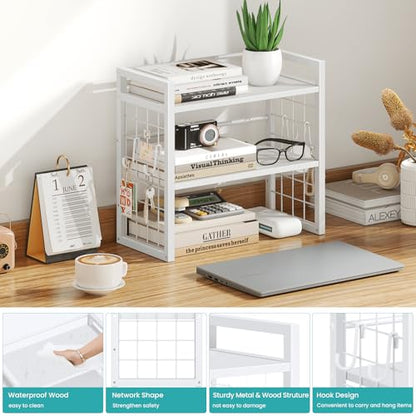 ELITEROO Desk Shelf Organizer, Tiered Wood Desktop Book Shelf, White - color: White