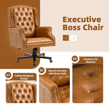 Upgraded 2026 Executive Desk Chair, Ergonomic Recliner Chair,Brown | Faux Leather Wingback Home Office Chair with Nail Head Trim & Tufted Back, Big and Tall Office Chair for Home and Living Room - color: Brown, style: Modern