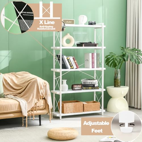HCHQHS Bookshelf, 5-Tier Industrial Bookcase, White Open Book Shelf, Freestanding Tall Bookshelves with Metal Frame - color: Cloud White, size: 5-Tier (35.8"W x 65.7"H)
