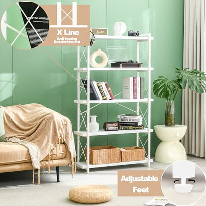 HCHQHS Bookshelf, 5-Tier Industrial Bookcase, White Open Book Shelf, Freestanding Tall Bookshelves with Metal Frame - color: Cloud White, size: 5-Tier (35.8"W x 65.7"H)