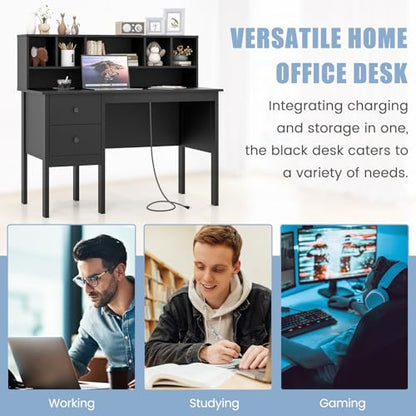 COSTWAY Writing Desk with USB Charging Ports & Power Outlets, 48" Computer Desk with Drawers & 5-Cubby Hutch, Study Table Computer Work Station for Home Office (Black) - color: Black