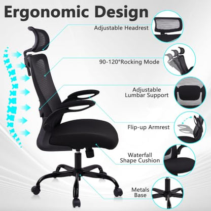 CLATINA Heavy Duty Ergonomic Mesh Office Chair 400LBS, Big and Tall Desk Chair with Adjustable Lumbar Support & Headrest, Flip Up Padded Arms, Swivel Computer Chair for Home, Conference, Black, 10 PK - size: 10 PK